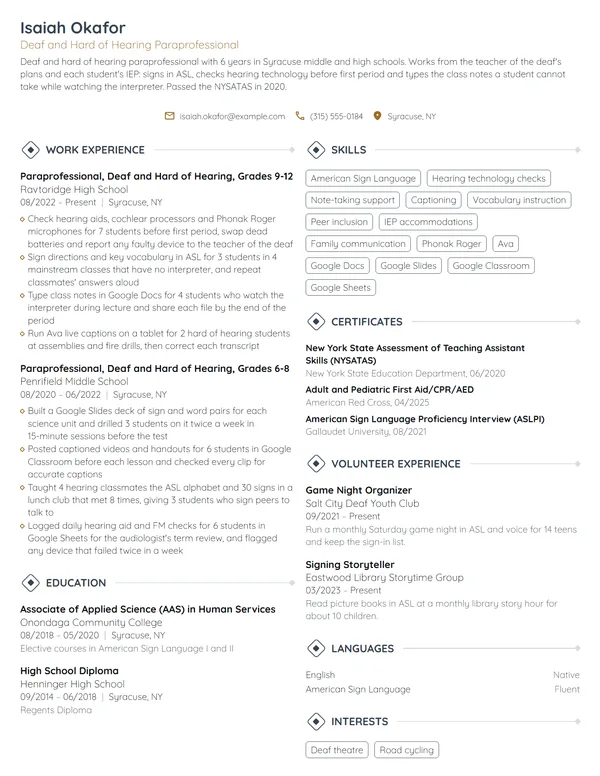 Deaf and Hard of Hearing Paraprofessional resume example