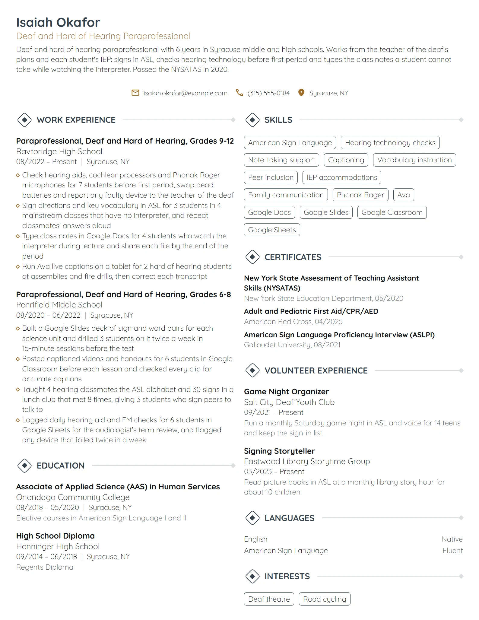 Deaf and Hard of Hearing Paraprofessional resume example