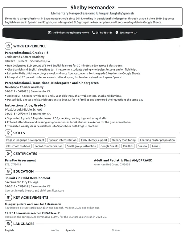 Elementary Paraprofessional resume example