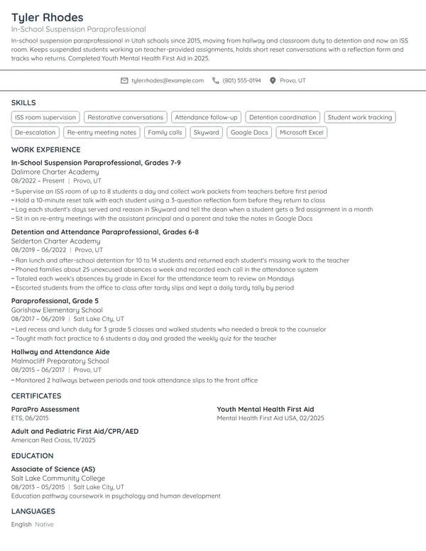 In-School Suspension Paraprofessional resume example