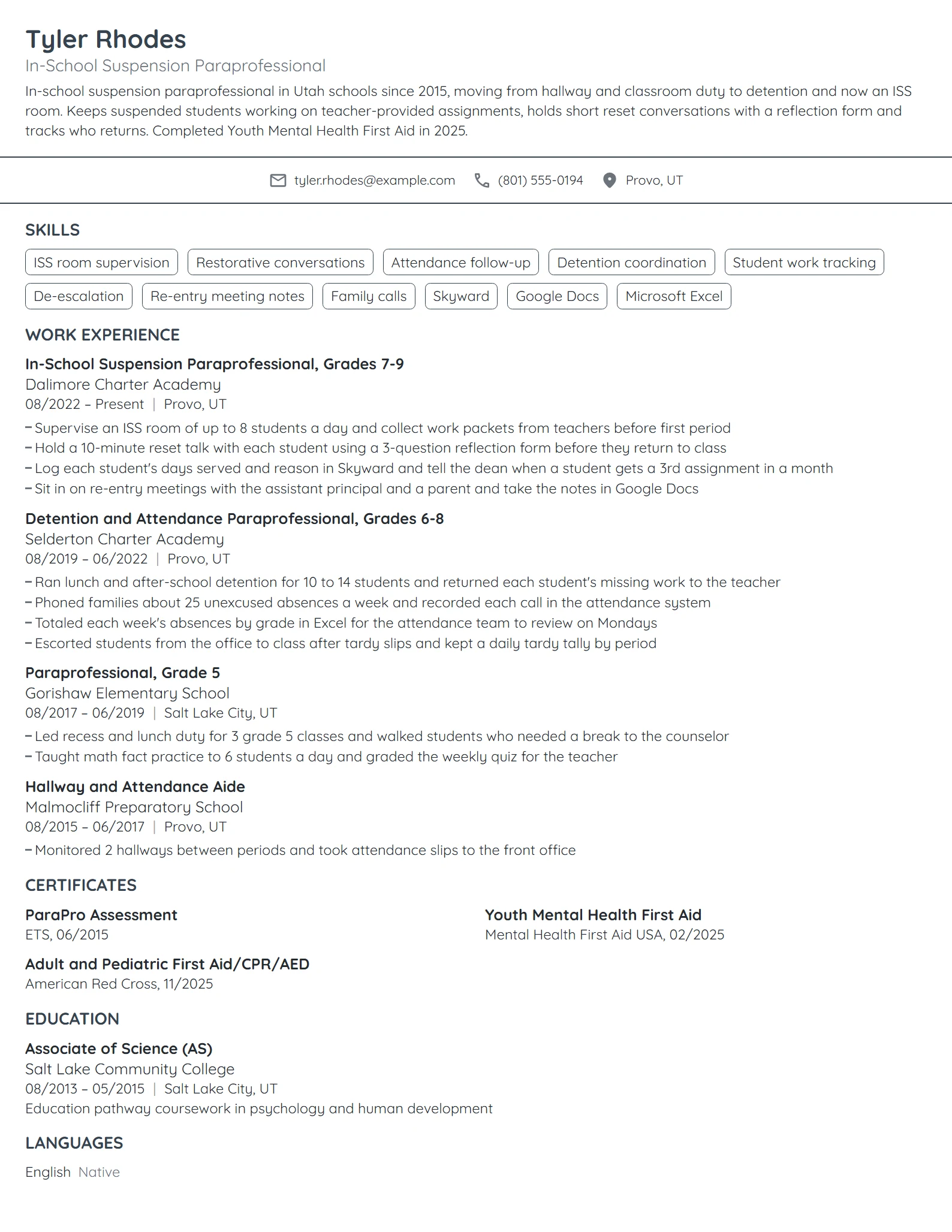 In-School Suspension Paraprofessional resume example