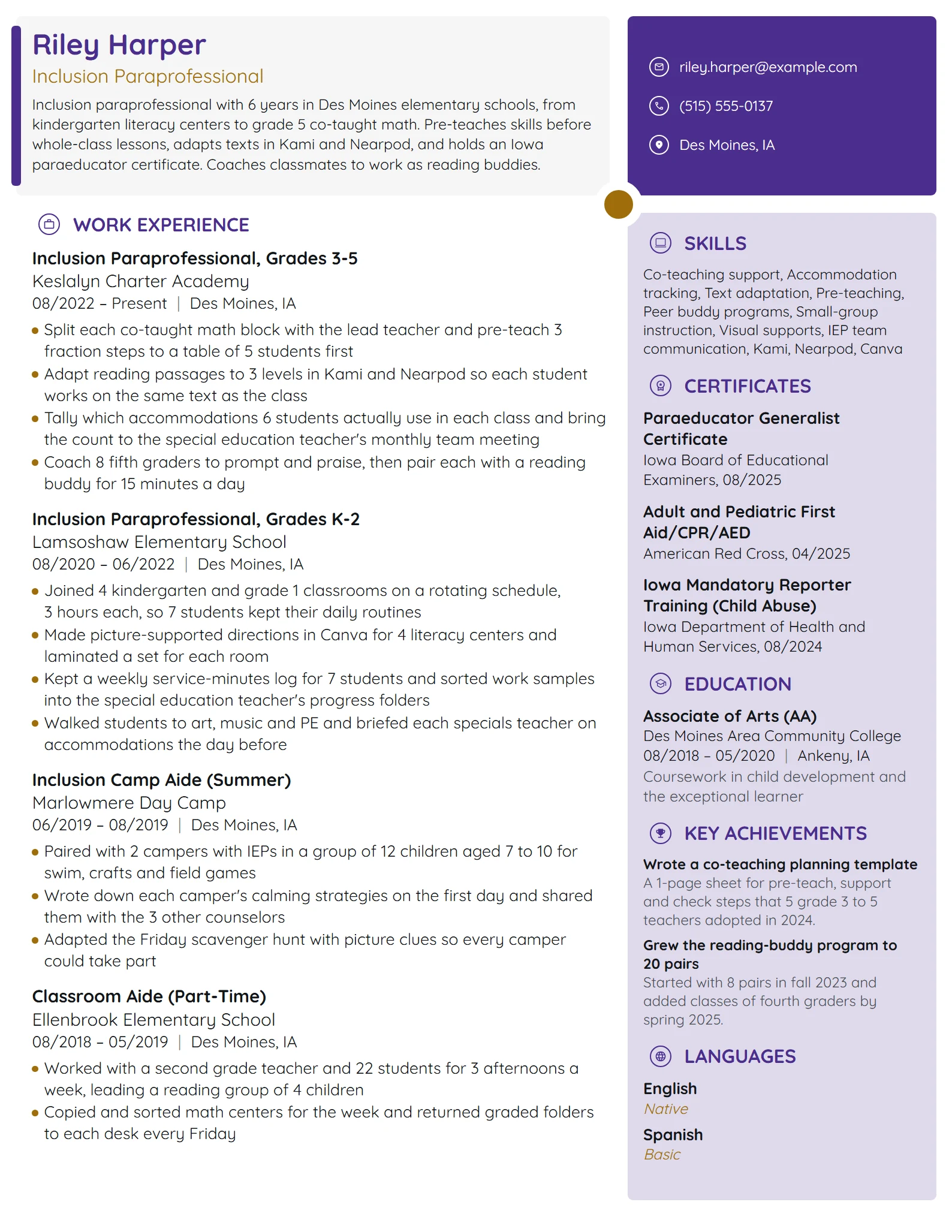 Inclusion Paraprofessional resume example
