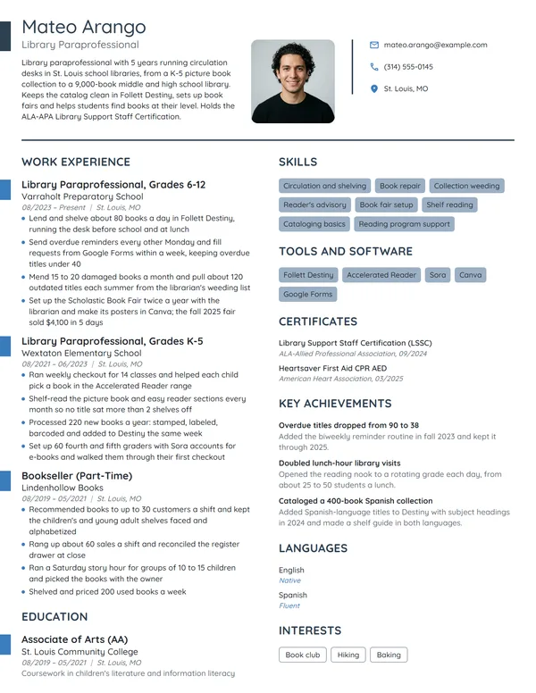 Library Paraprofessional resume example