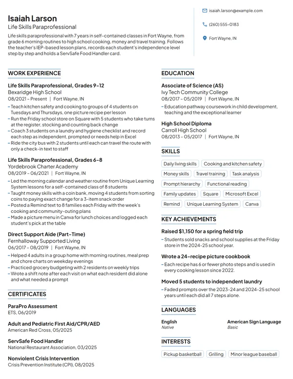 Life Skills Paraprofessional resume example