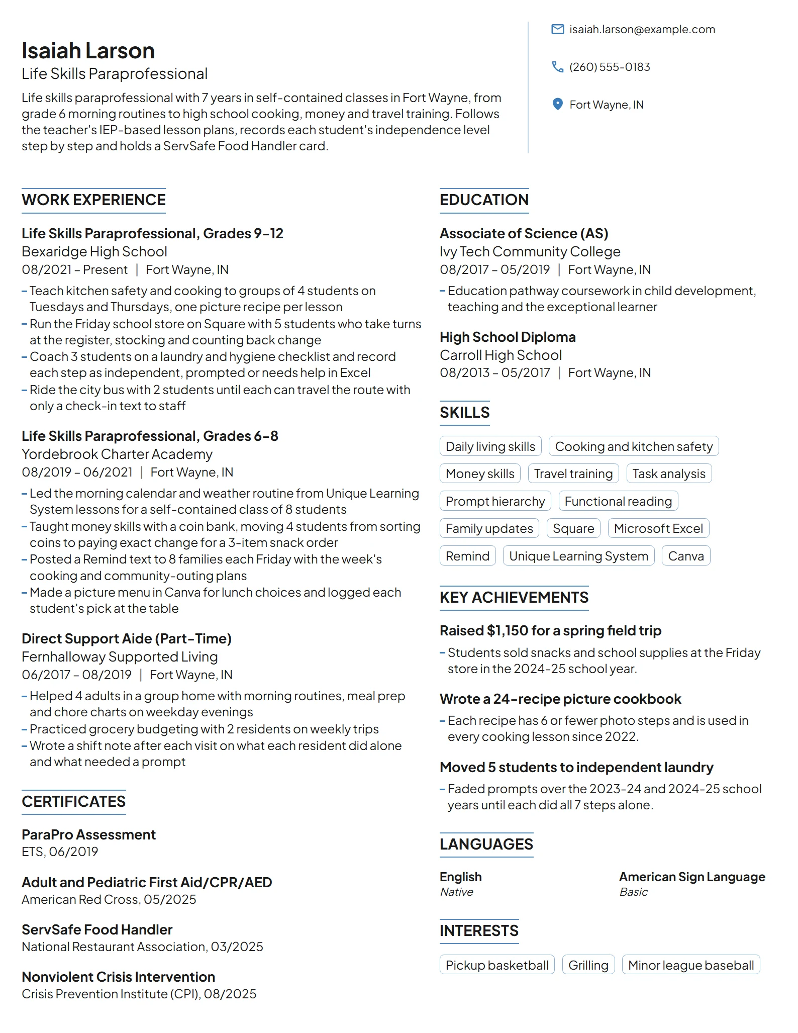 Life Skills Paraprofessional resume example
