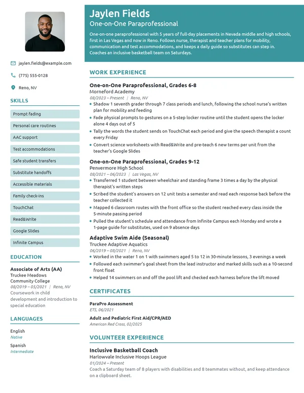 One-on-One Paraprofessional resume example