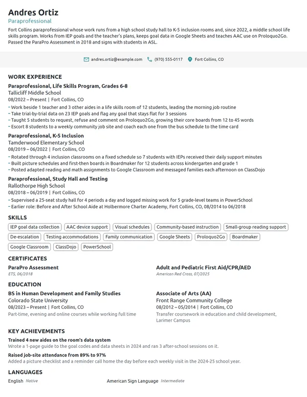 Paraprofessional resume example