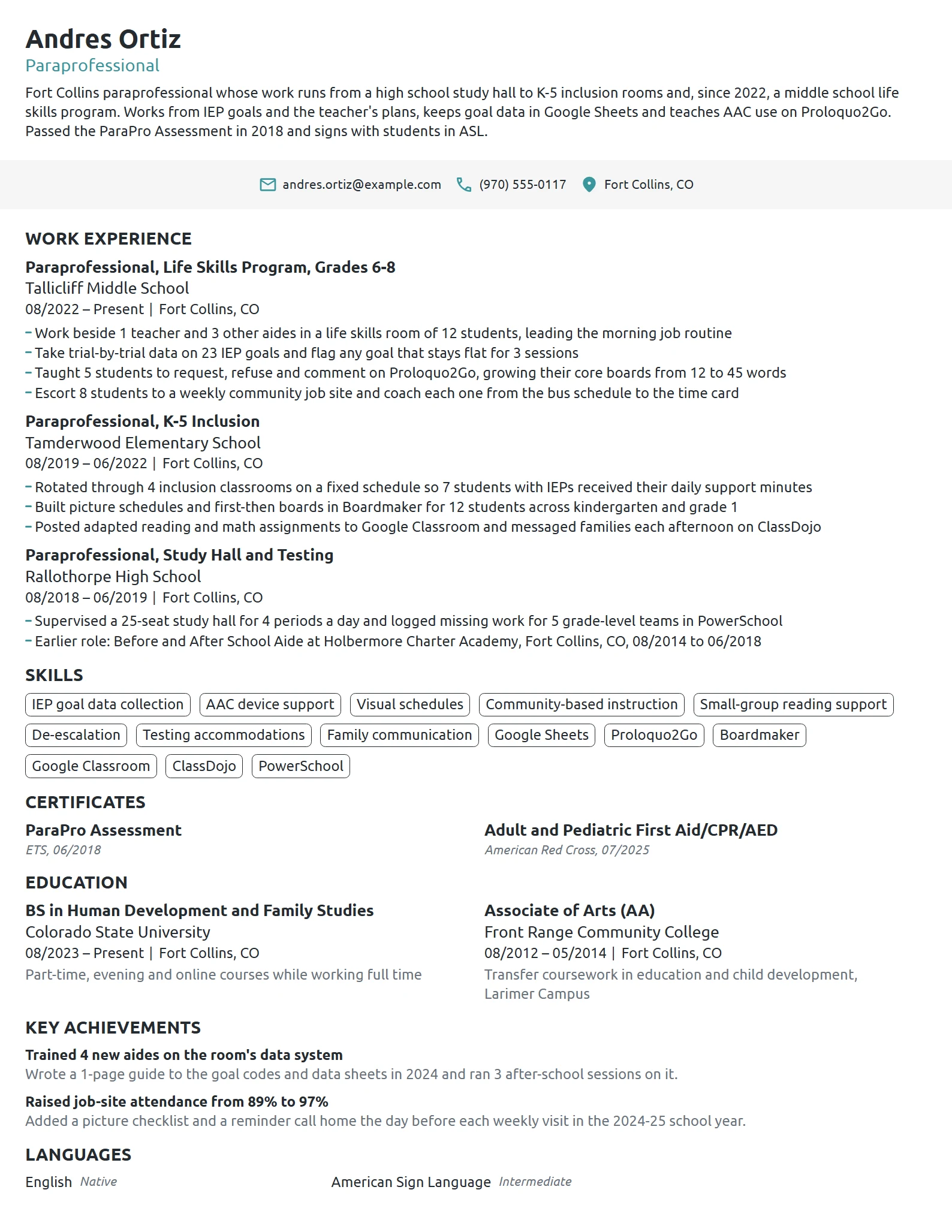 Paraprofessional resume example
