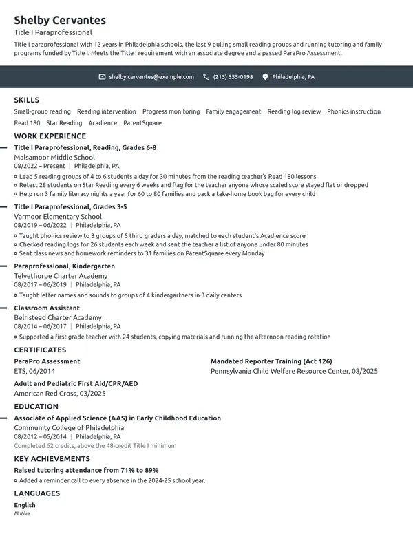 Title I Paraprofessional resume example