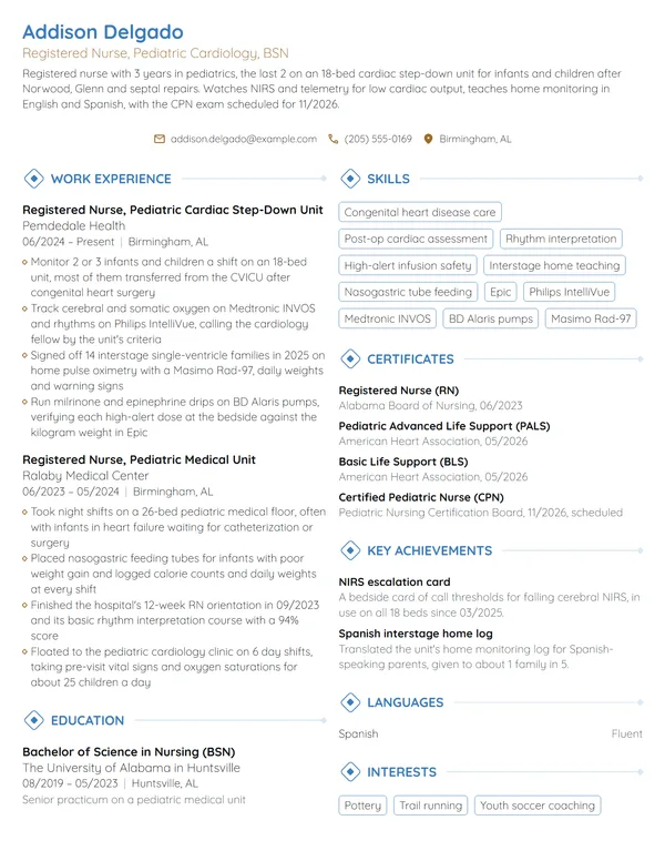 Pediatric Cardiology Nurse resume example