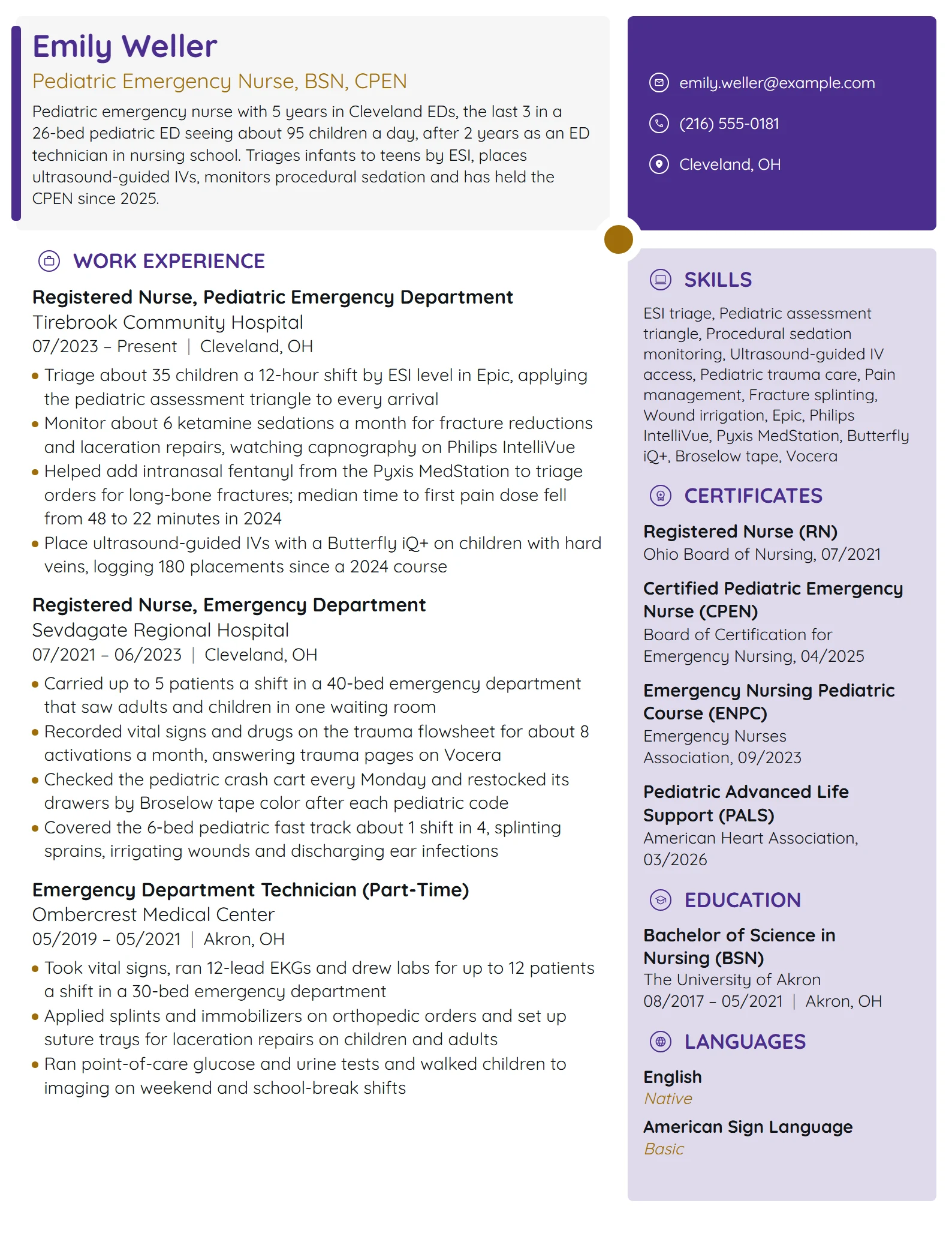 Pediatric ER Nurse resume example