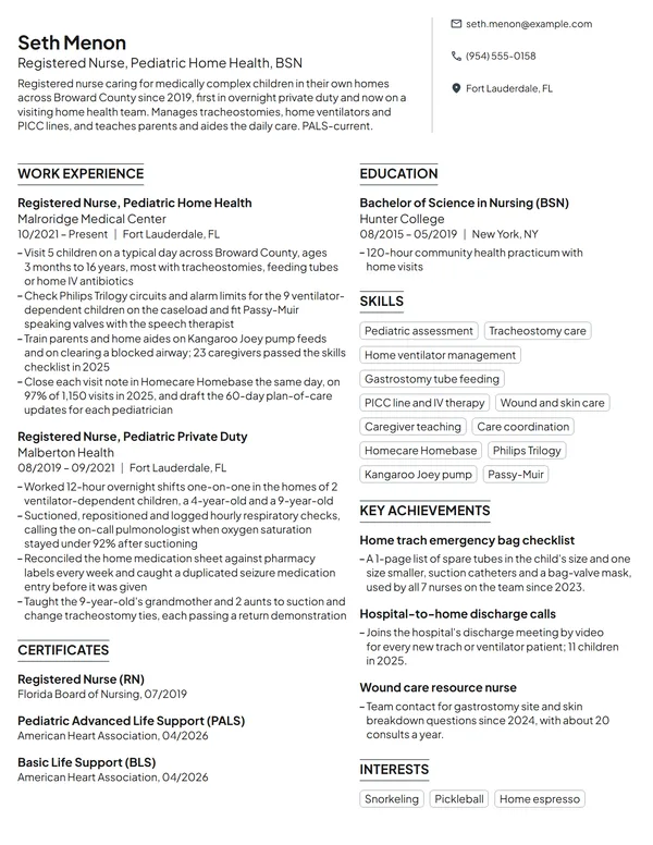 Pediatric Home Health Nurse resume example