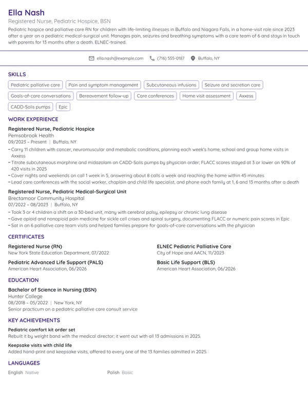 Pediatric Hospice Nurse resume example