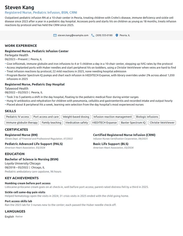 Pediatric Infusion Nurse resume example