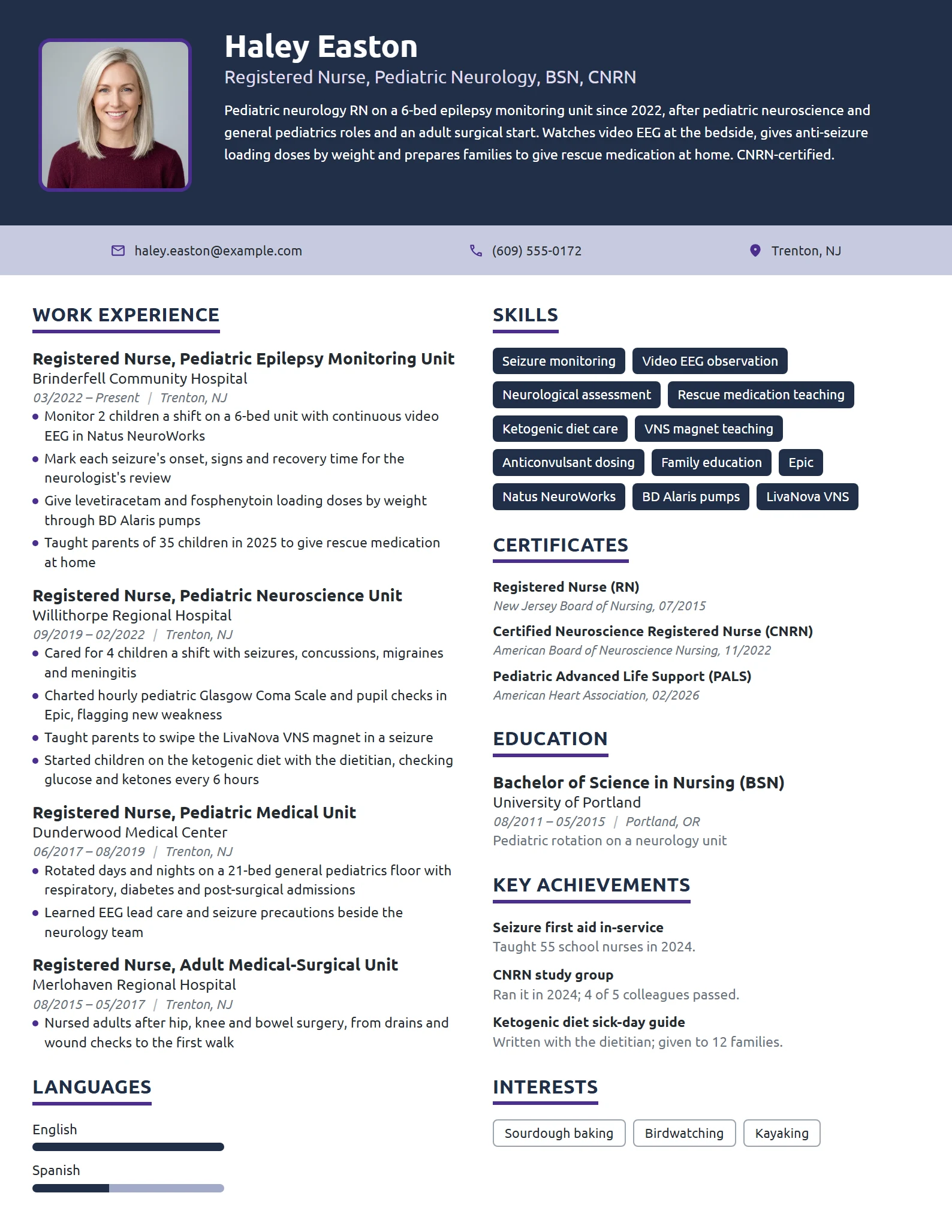 Pediatric Neurology Nurse resume example