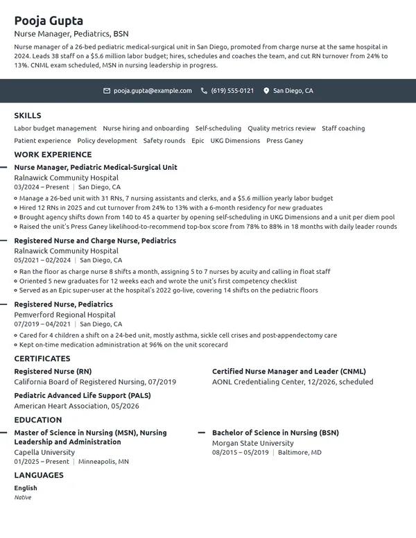 Pediatric Nurse Manager resume example