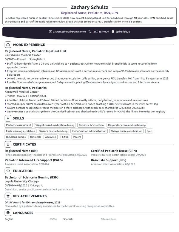 Pediatric Nurse resume example