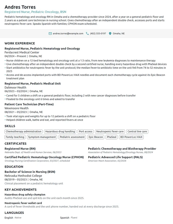 Pediatric Oncology Nurse resume example