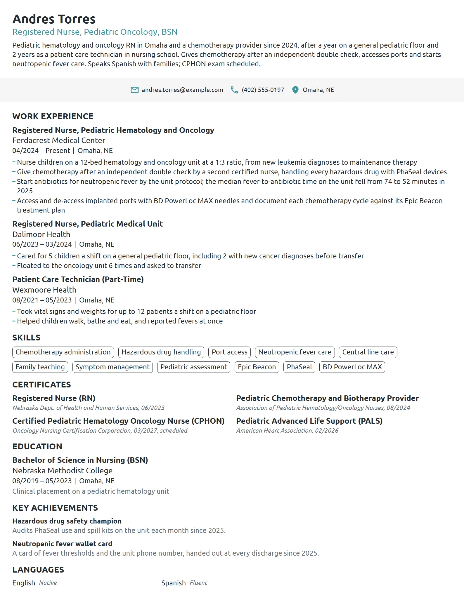 Pediatric Oncology Nurse resume example