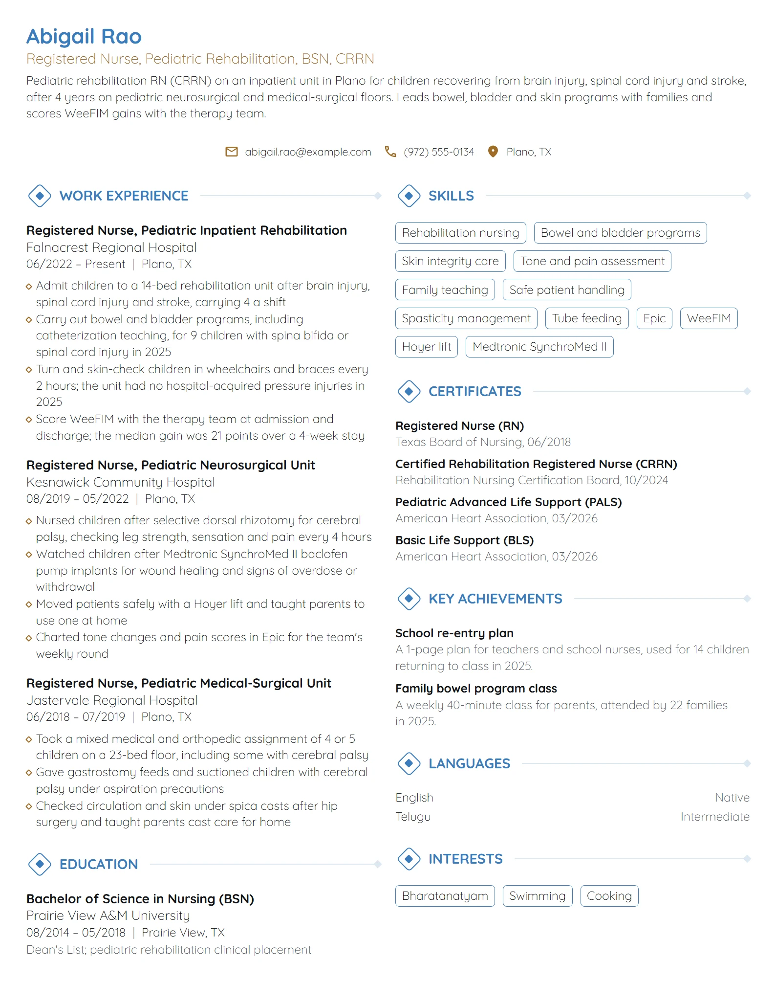 Pediatric Rehabilitation Nurse resume example