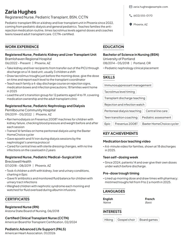 Pediatric Transplant Nurse resume example