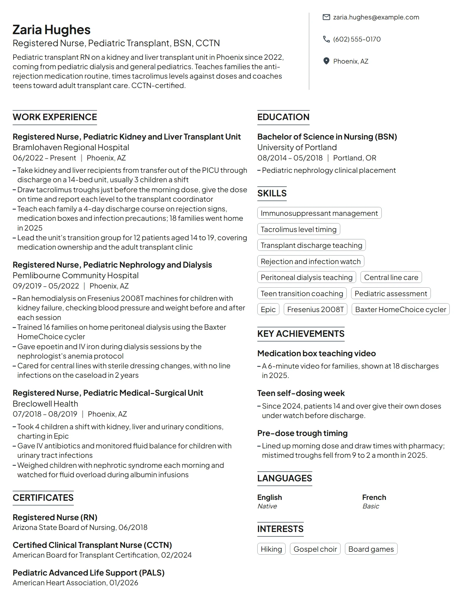 Pediatric Transplant Nurse resume example