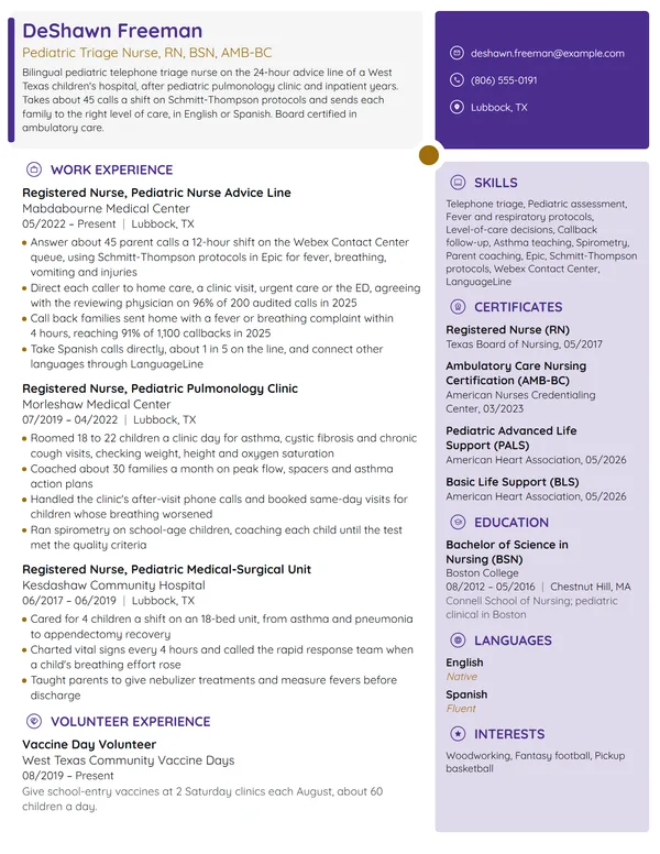 Pediatric Triage Nurse resume example