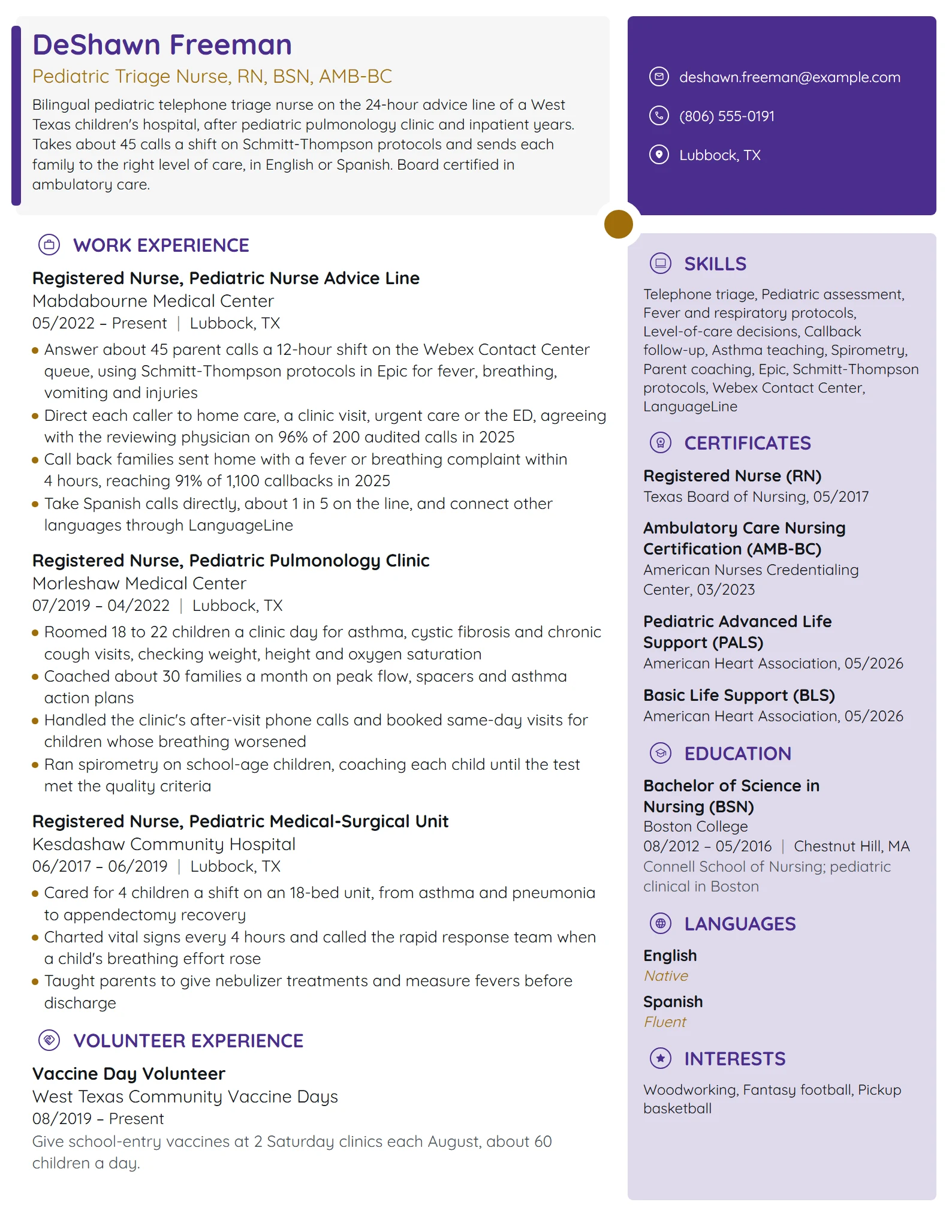 Pediatric Triage Nurse resume example