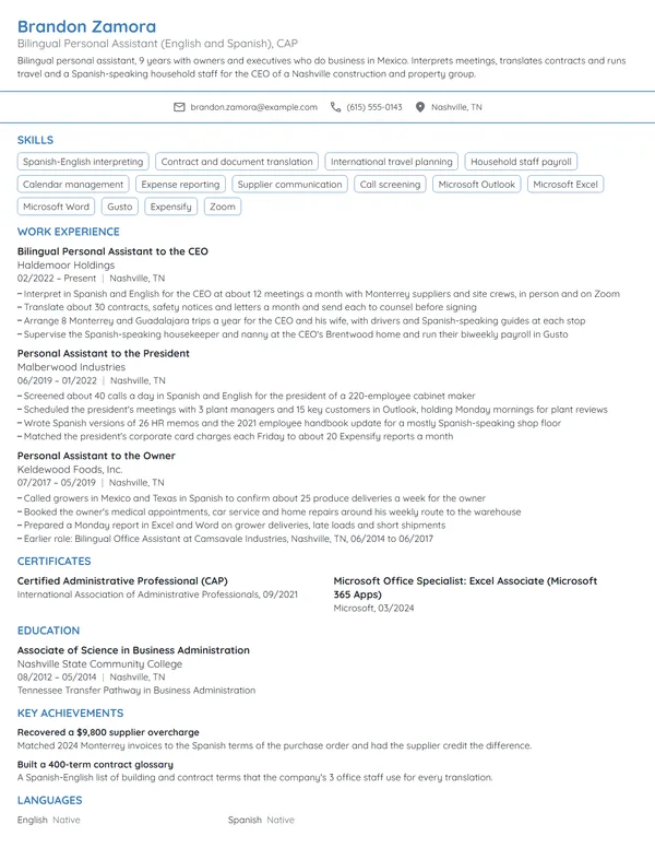 Bilingual Personal Assistant resume example