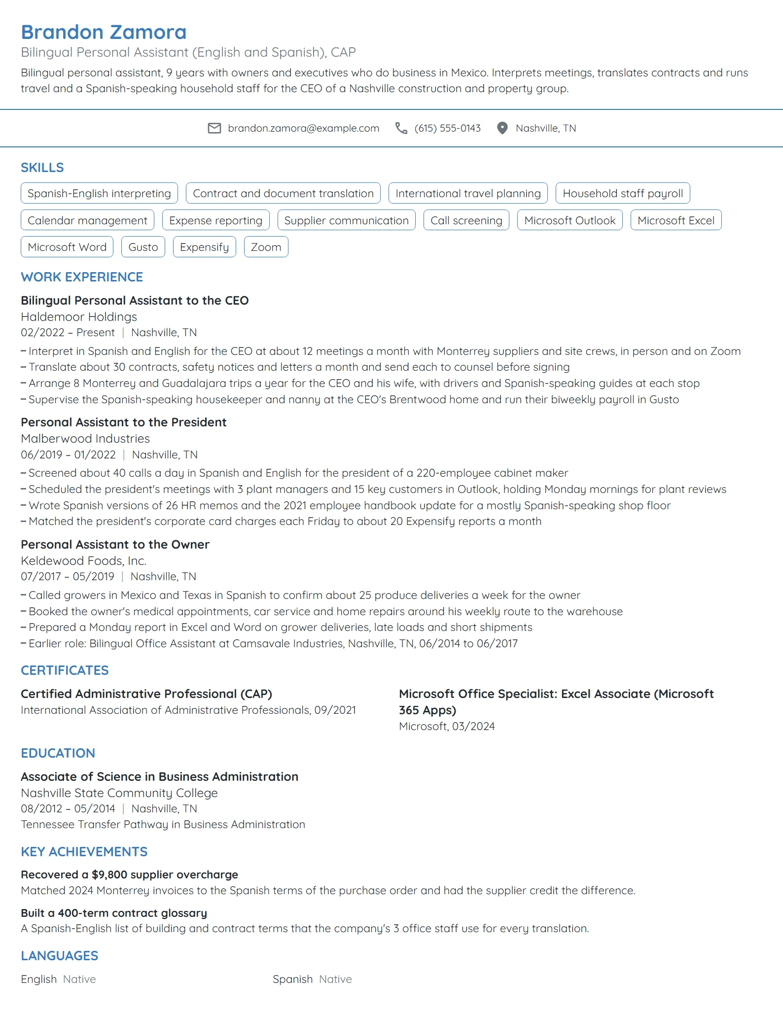 Bilingual Personal Assistant resume example