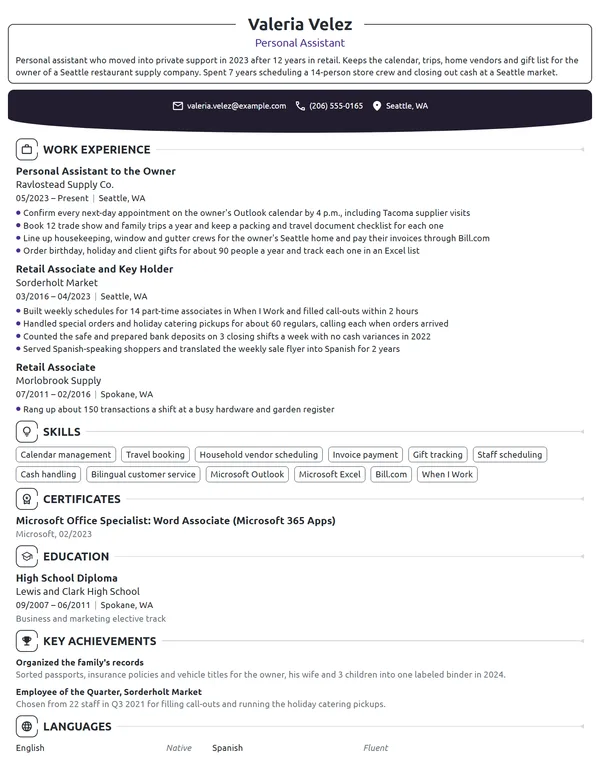 Career Change Personal Assistant resume example