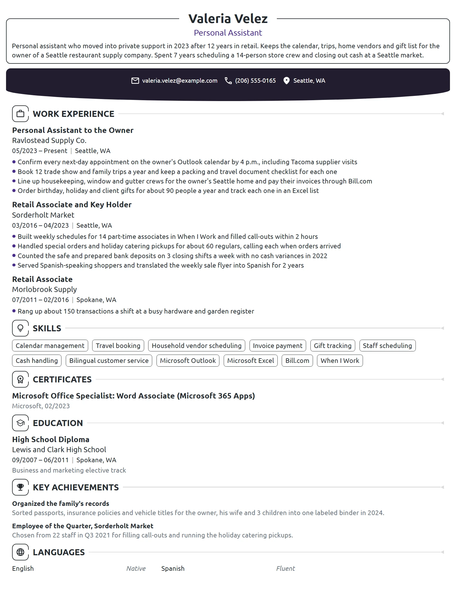 Career Change Personal Assistant resume example