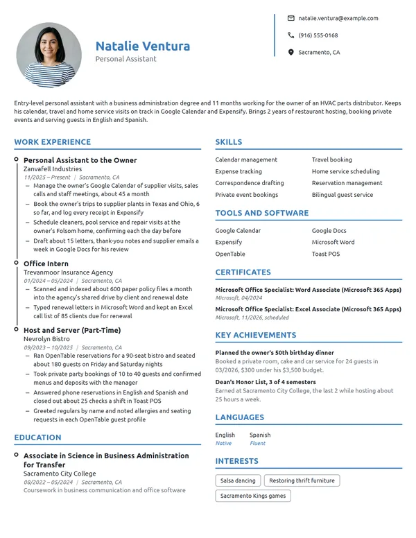 Entry-Level Personal Assistant resume example