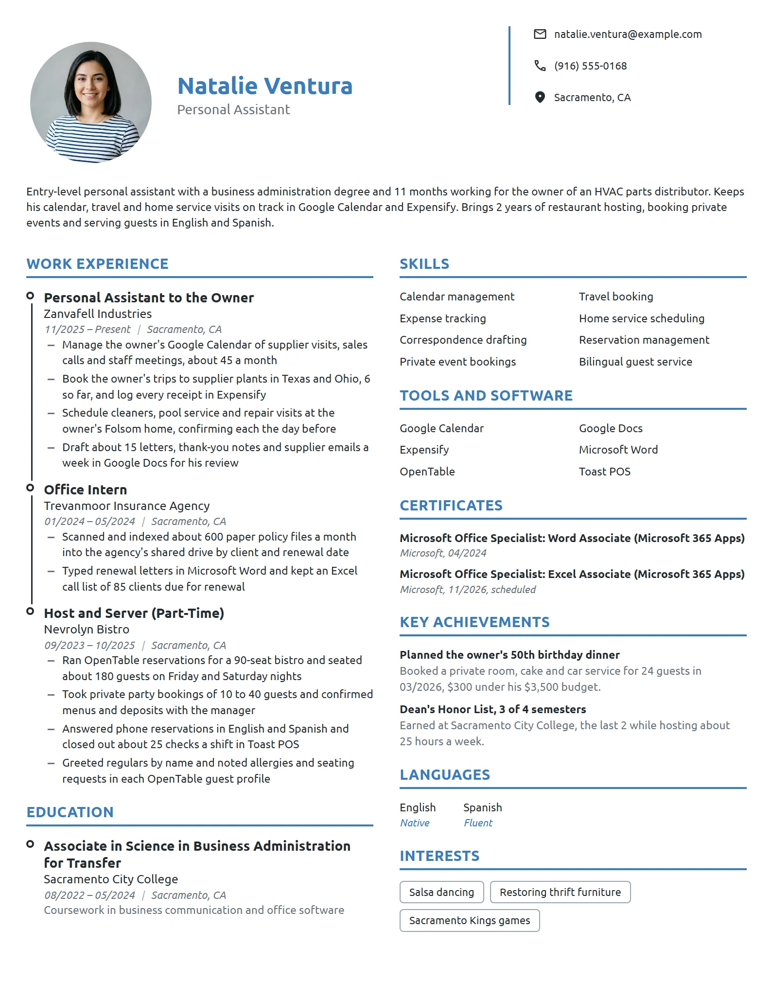 Entry-Level Personal Assistant resume example