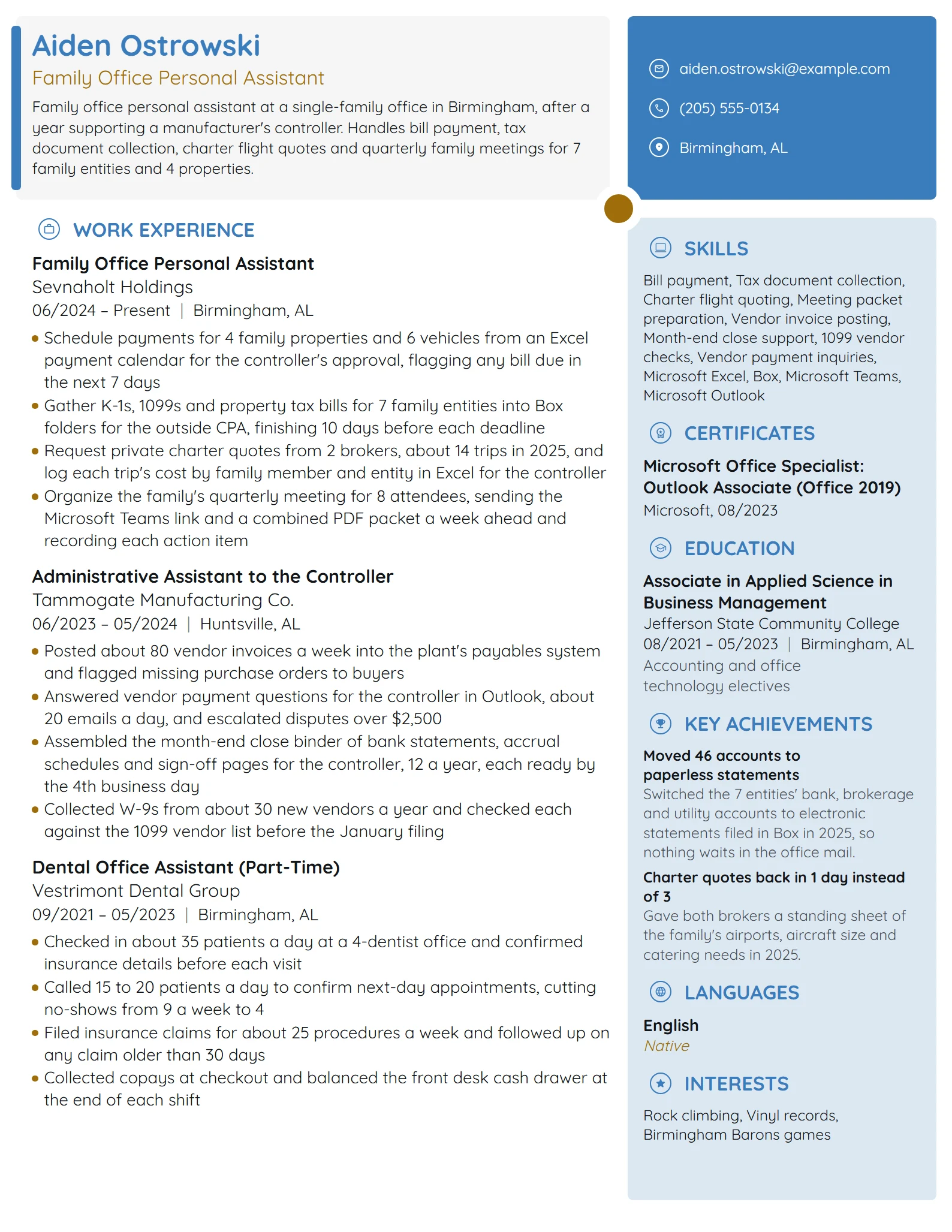 Family Office Personal Assistant resume example