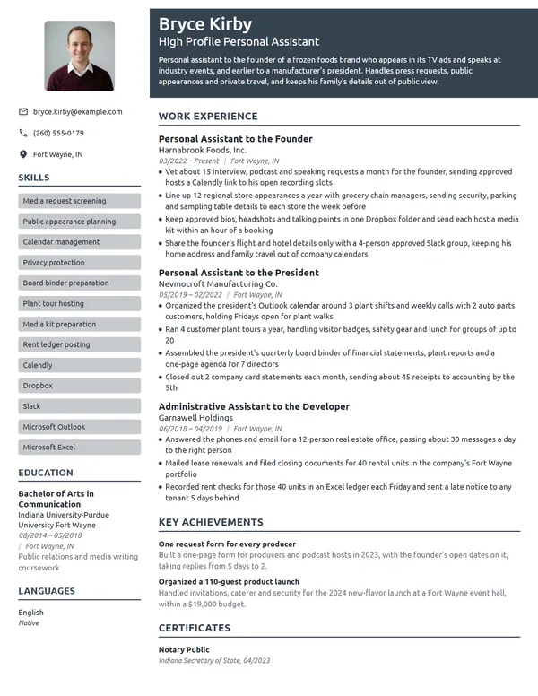 High Profile Personal Assistant resume example