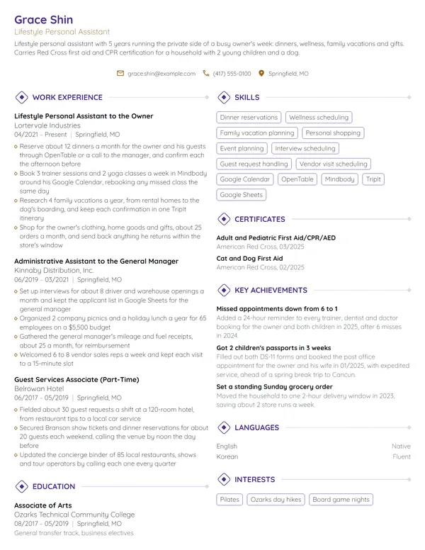 Lifestyle Personal Assistant resume example