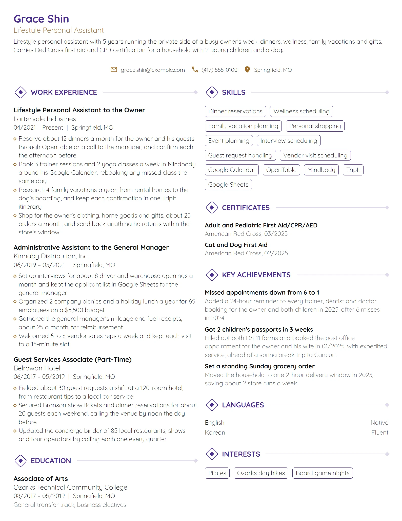 Lifestyle Personal Assistant resume example