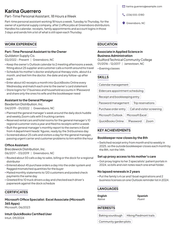 Part-Time Personal Assistant resume example
