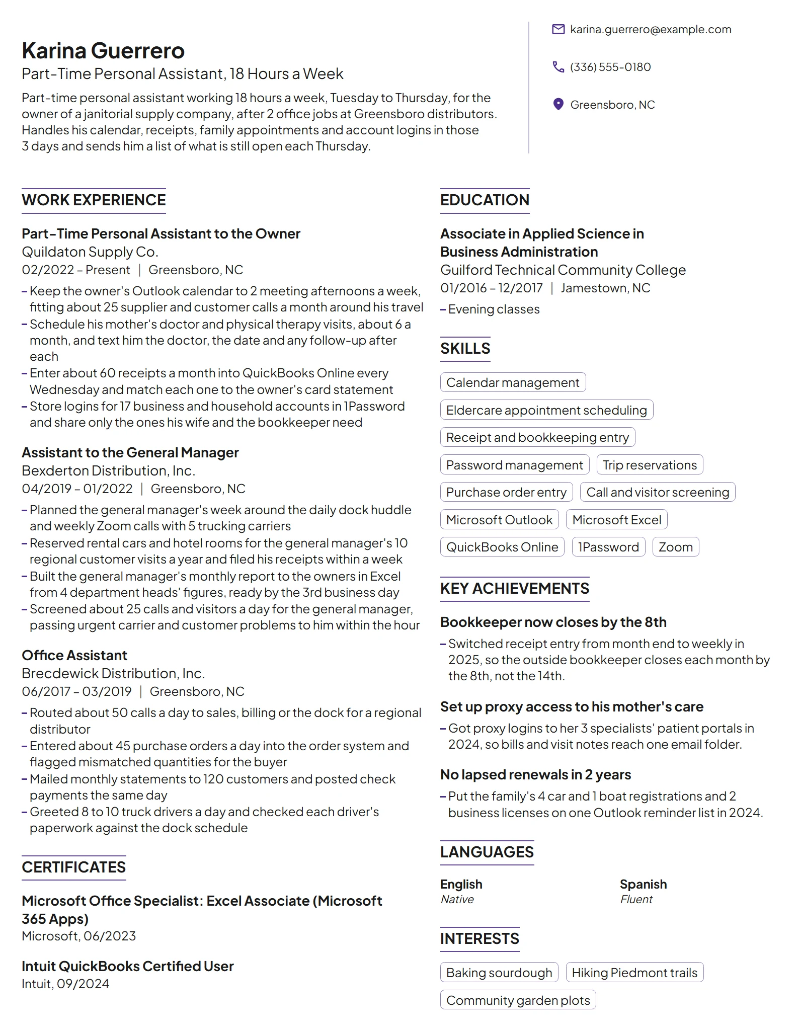 Part-Time Personal Assistant resume example