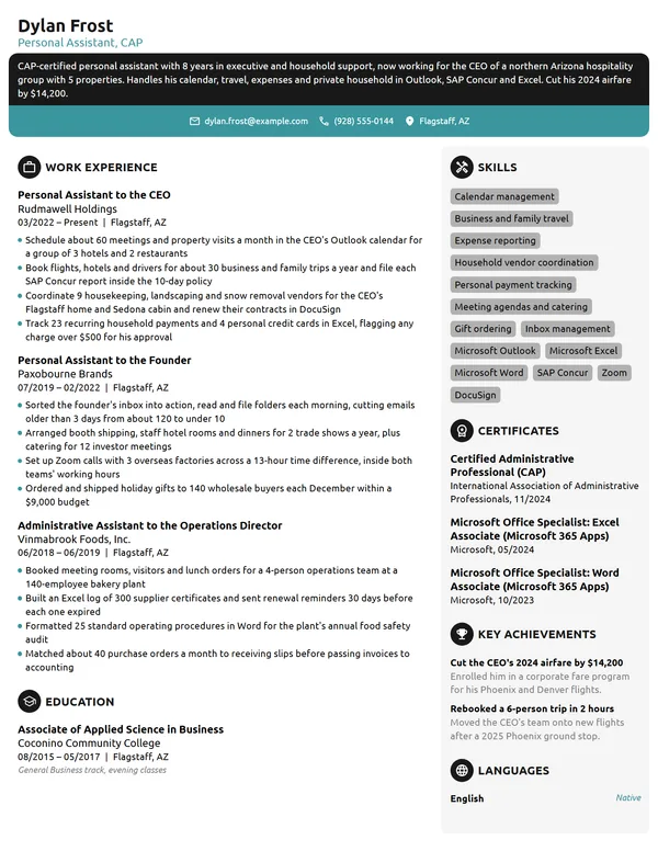 Personal Assistant resume example