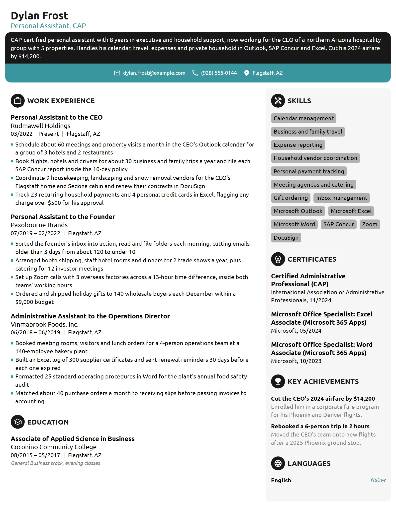 Personal Assistant resume example