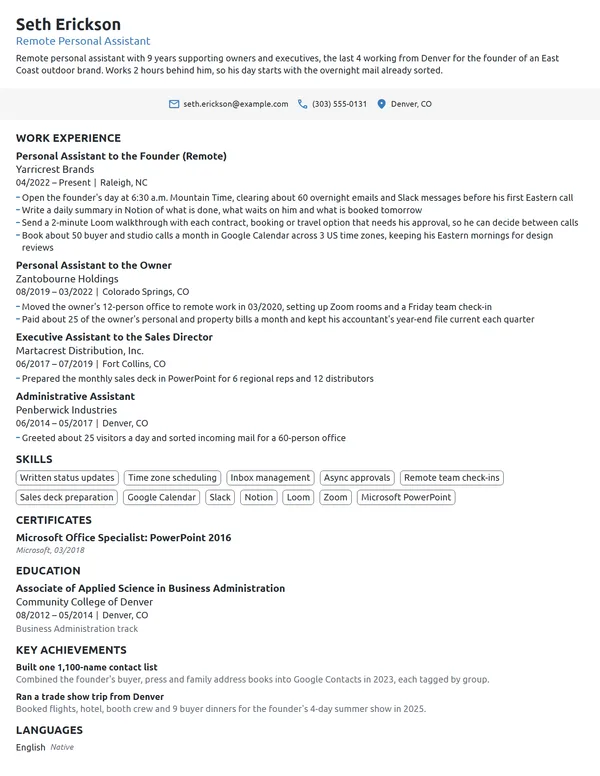 Remote Personal Assistant resume example