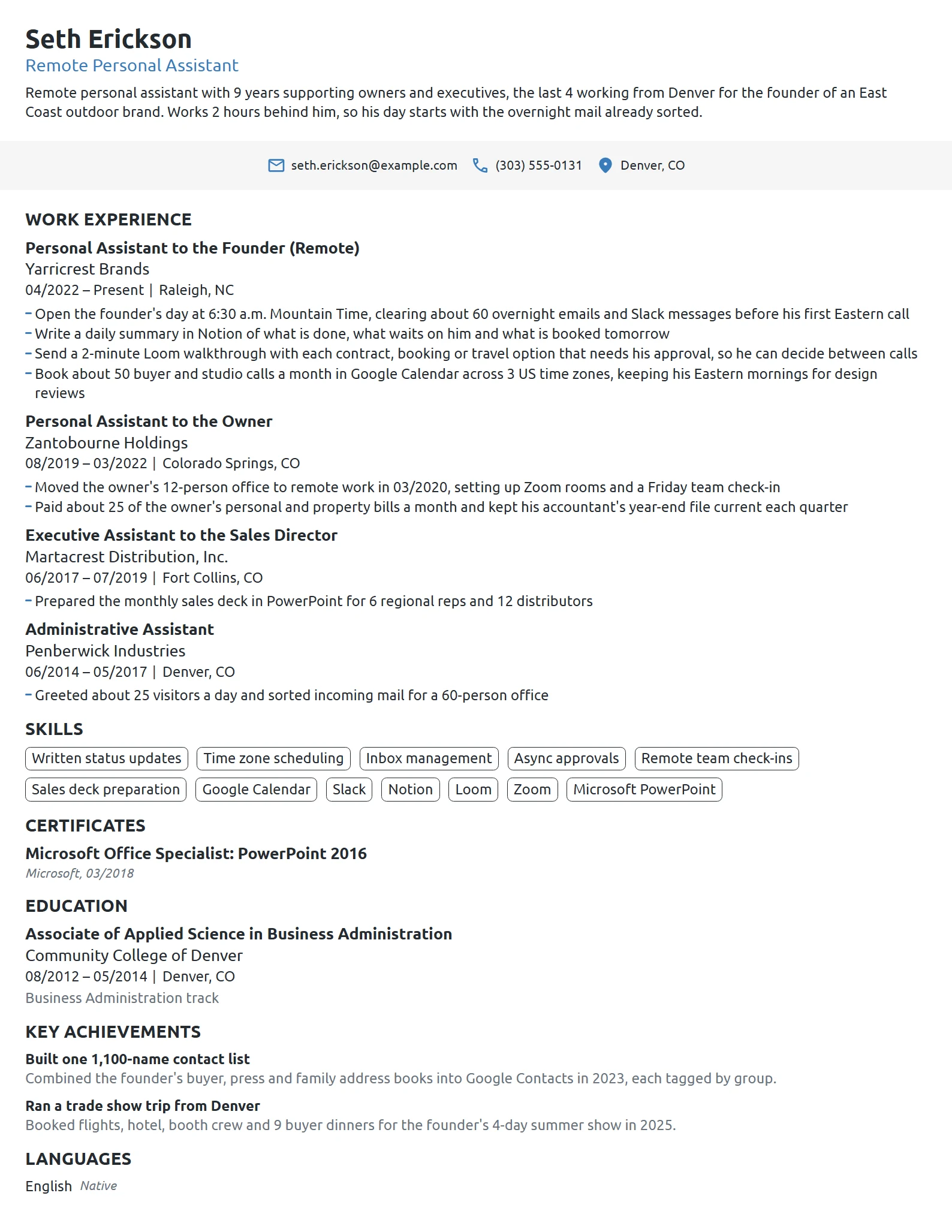 Remote Personal Assistant resume example