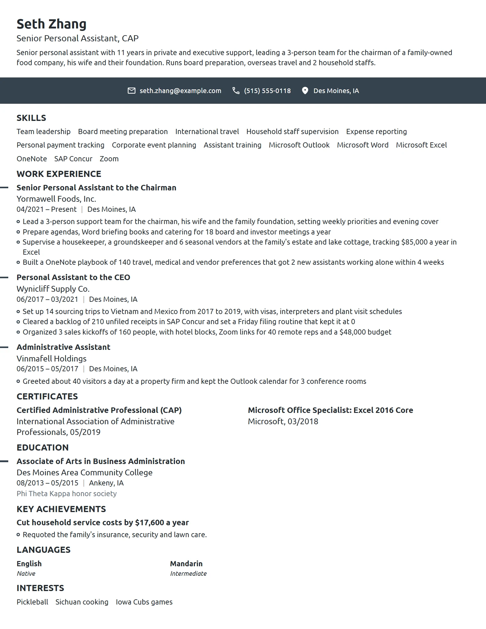 Senior Personal Assistant resume example