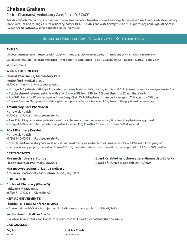 Ambulatory Care Pharmacist resume example