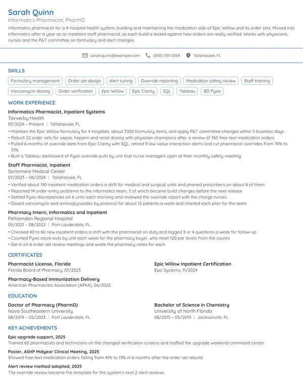 Informatics Pharmacist resume example