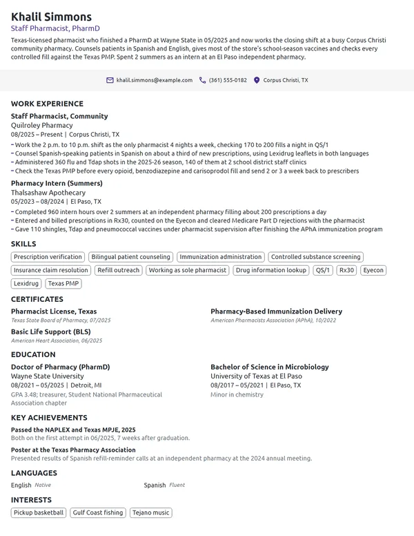 New Grad Pharmacist resume example