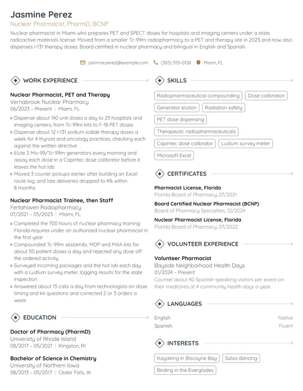 Nuclear Pharmacist resume example