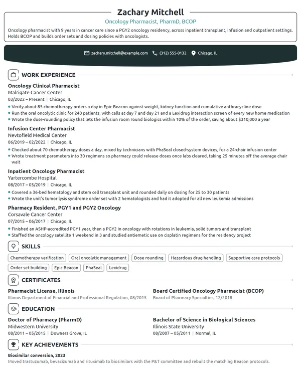 Oncology Pharmacist resume example